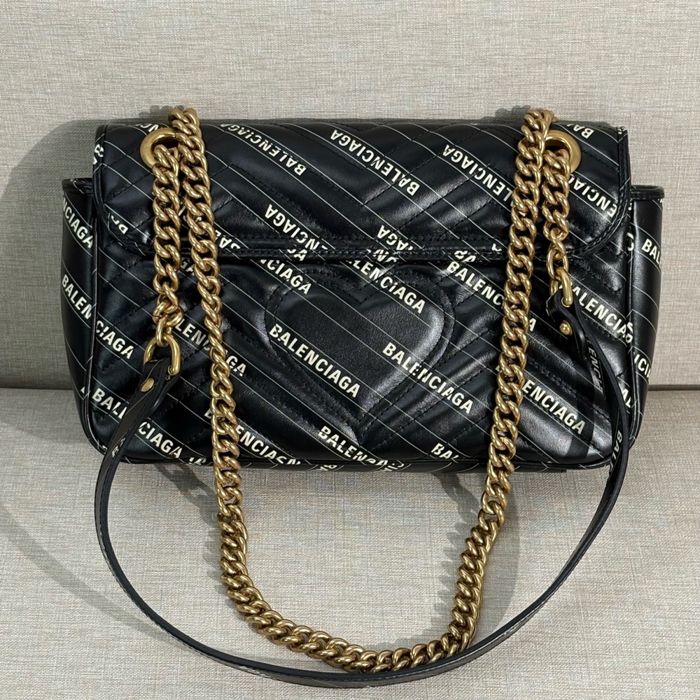 GUCCI Black Leather GG Marmont Shoulder Bag with Balenciaga Print Medium GHW - Picture 4 of 17